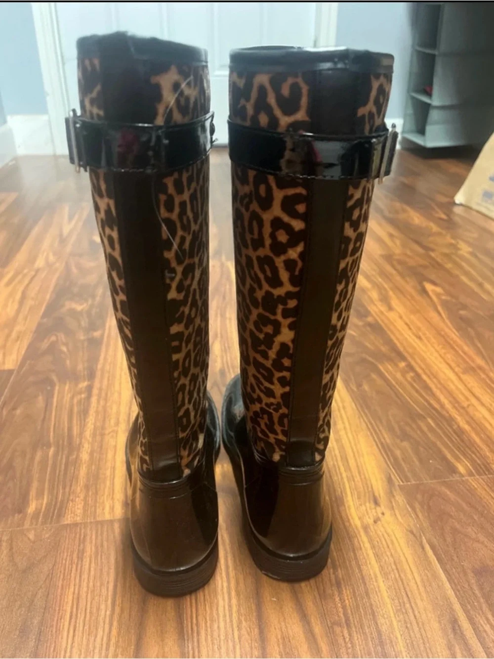 Qupid Leopard Print Rain Boots with Black Patent Foot